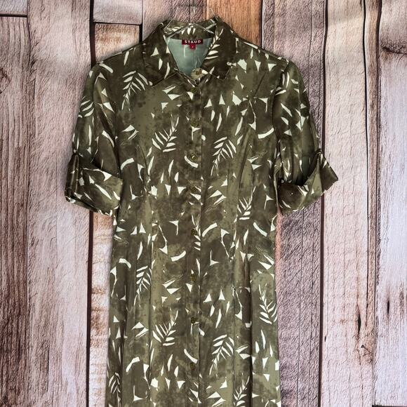 Staud Joan Maxi Dress Sergeant Green Painted Palm Leaf Print Button Front Sz 4 - Picture 3 of 10